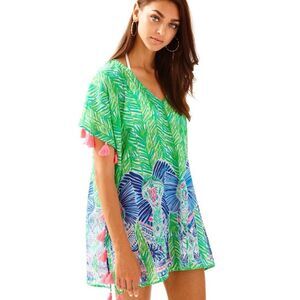 Lilly Pulitzer Cotton Castilla Swim Cover Up Tunic Green Elephant XS/XXS G15